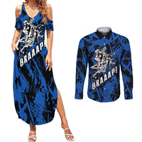 Personalized Motocross Rider Couples Matching Summer Maxi Dress and Long Sleeve Button Shirt with Blue Graffiti Splash Pattern - Wonder Print Shop