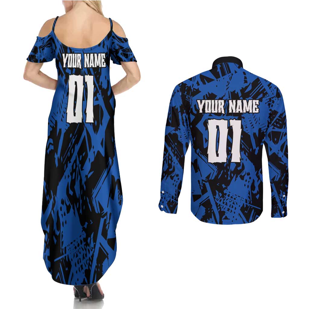 Personalized Motocross Rider Couples Matching Summer Maxi Dress and Long Sleeve Button Shirt with Blue Graffiti Splash Pattern - Wonder Print Shop