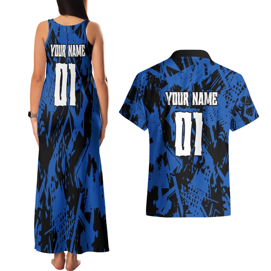 Personalized Motocross Rider Couples Matching Tank Maxi Dress and Hawaiian Shirt with Blue Graffiti Splash Pattern - Wonder Print Shop