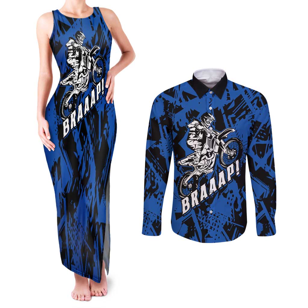 Personalized Motocross Rider Couples Matching Tank Maxi Dress and Long Sleeve Button Shirt with Blue Graffiti Splash Pattern - Wonder Print Shop