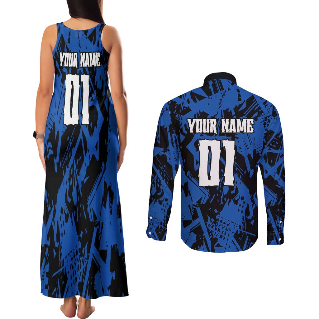Personalized Motocross Rider Couples Matching Tank Maxi Dress and Long Sleeve Button Shirt with Blue Graffiti Splash Pattern - Wonder Print Shop