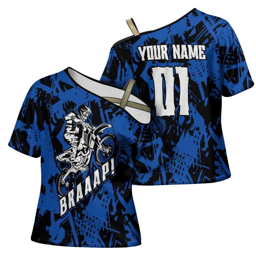 Personalized Motocross Rider Cross Shoulder Shirt with Blue Graffiti Splash Pattern - Wonder Print Shop
