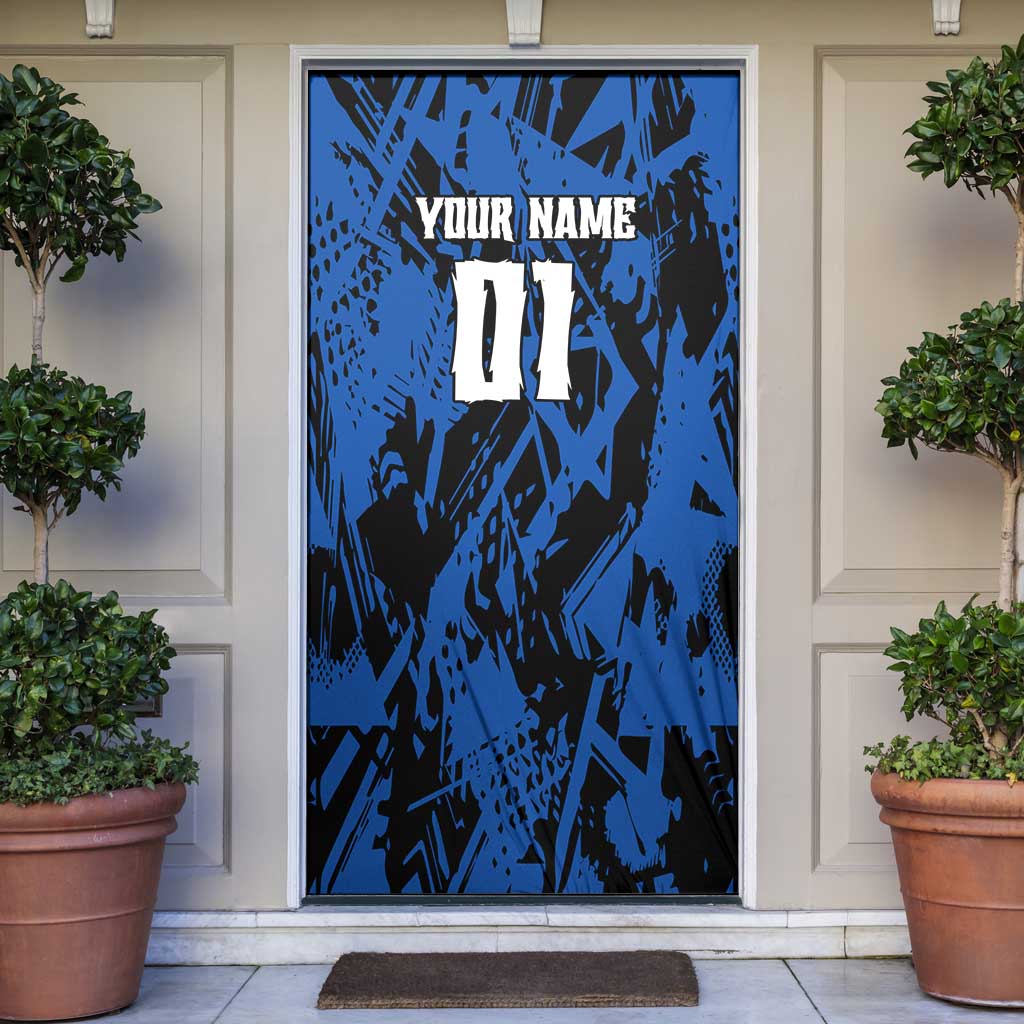 Personalized Motocross Rider Door Cover with Blue Graffiti Splash Pattern - Wonder Print Shop