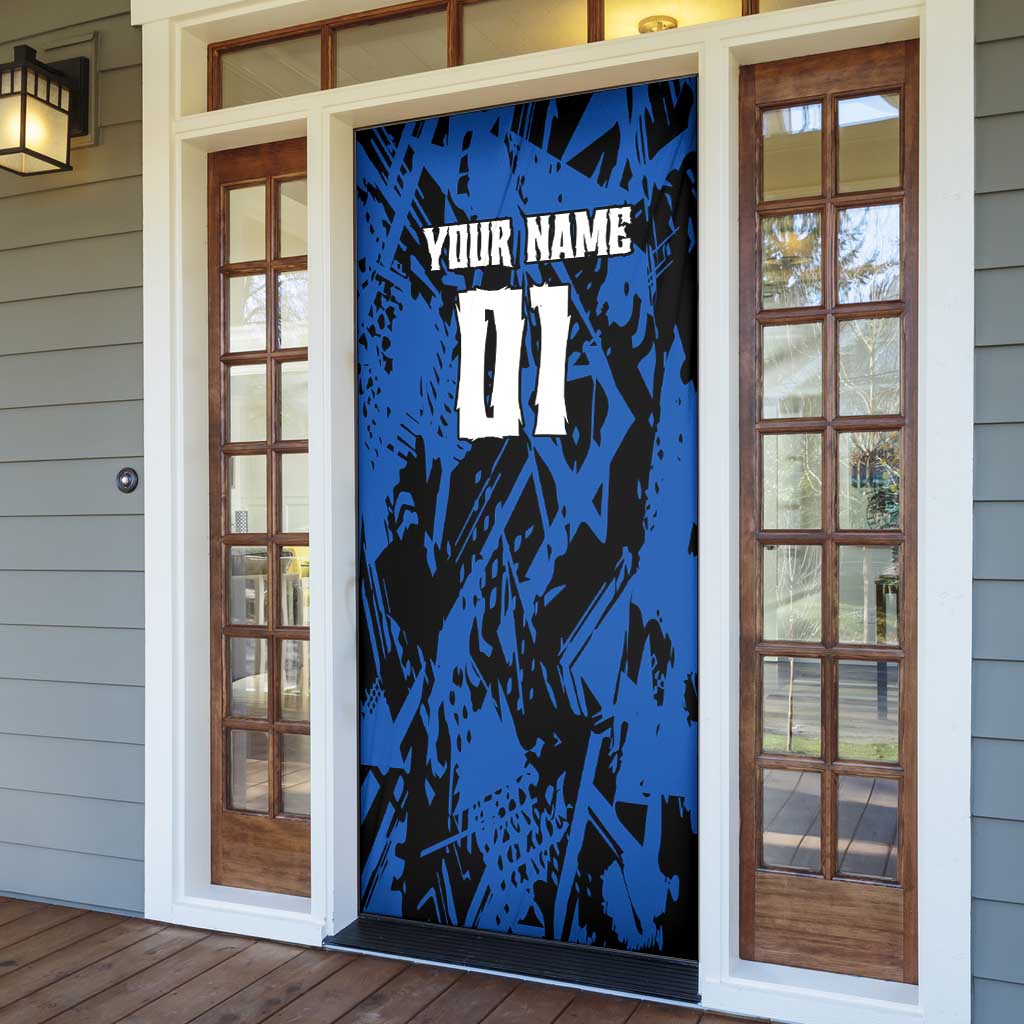 Personalized Motocross Rider Door Cover with Blue Graffiti Splash Pattern - Wonder Print Shop