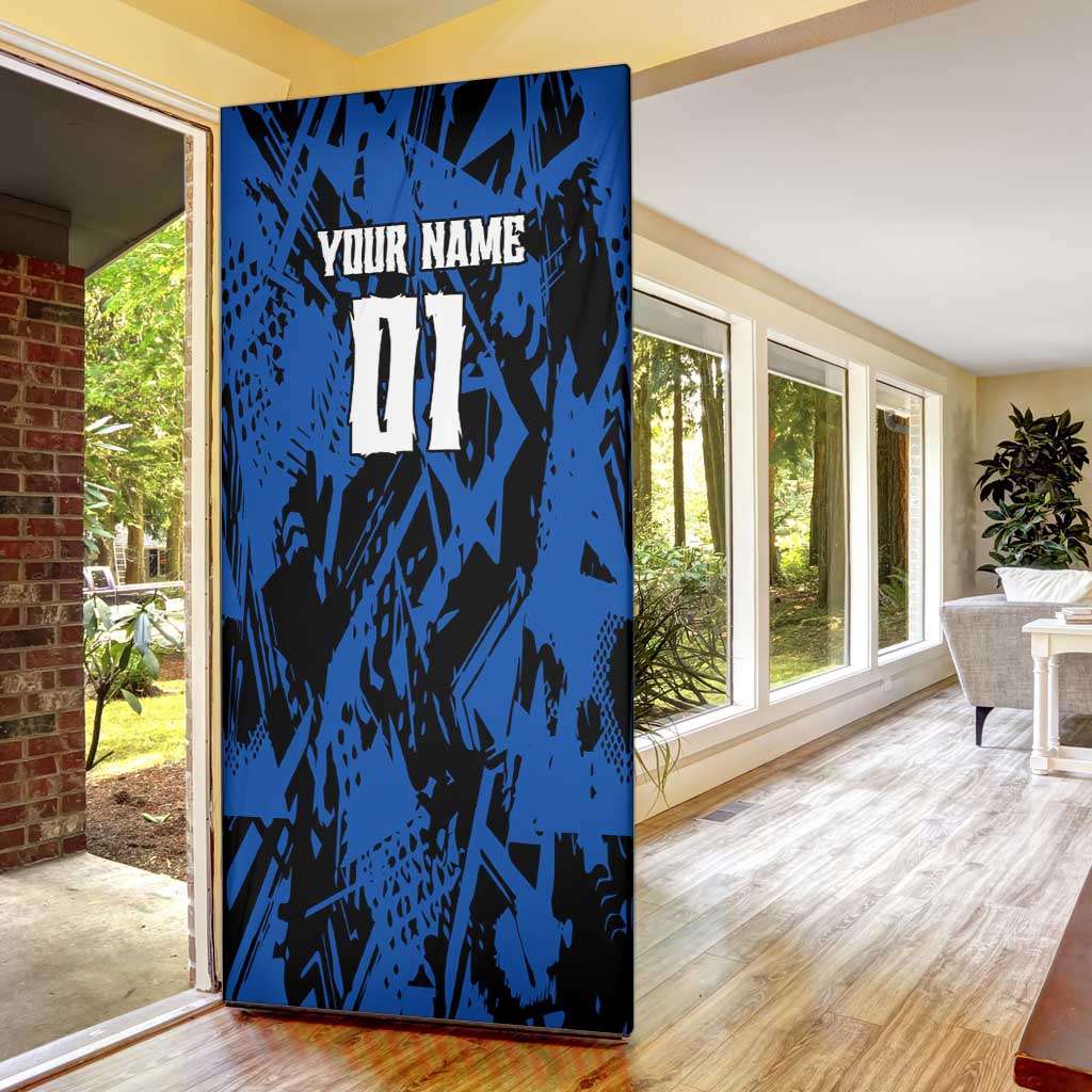 Personalized Motocross Rider Door Cover with Blue Graffiti Splash Pattern - Wonder Print Shop