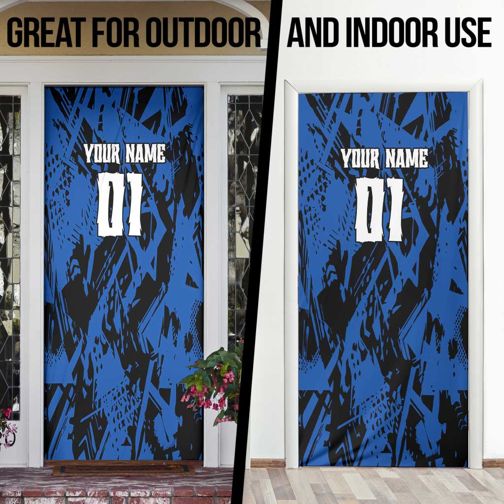 Personalized Motocross Rider Door Cover with Blue Graffiti Splash Pattern - Wonder Print Shop
