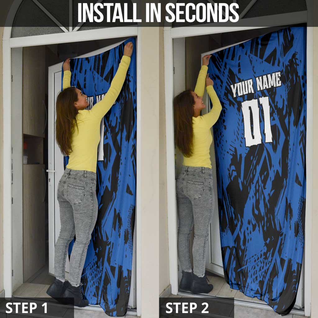 Personalized Motocross Rider Door Cover with Blue Graffiti Splash Pattern - Wonder Print Shop