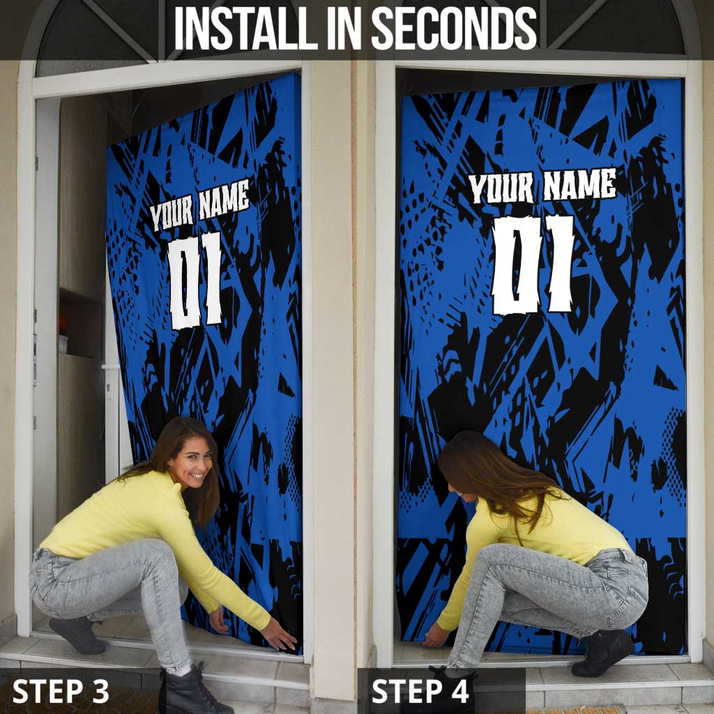 Personalized Motocross Rider Door Cover with Blue Graffiti Splash Pattern - Wonder Print Shop