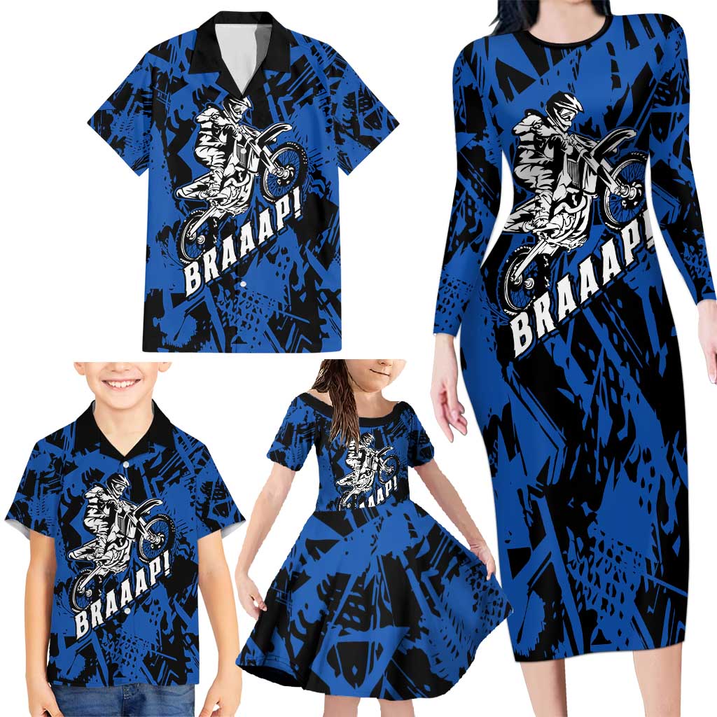 Personalized Motocross Rider Family Matching Long Sleeve Bodycon Dress and Hawaiian Shirt with Blue Graffiti Splash Pattern - Wonder Print Shop