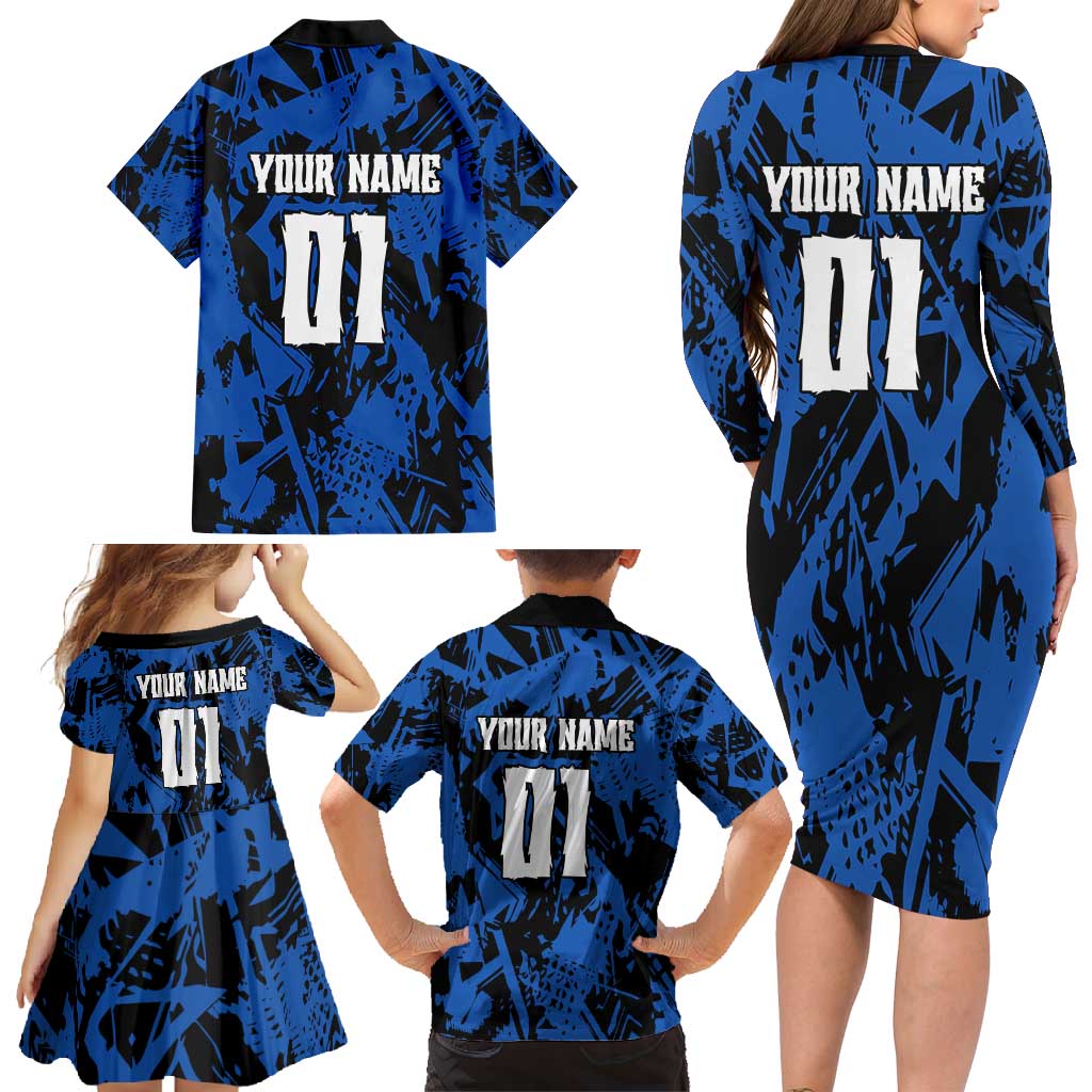 Personalized Motocross Rider Family Matching Long Sleeve Bodycon Dress and Hawaiian Shirt with Blue Graffiti Splash Pattern - Wonder Print Shop