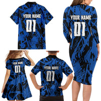 Personalized Motocross Rider Family Matching Long Sleeve Bodycon Dress and Hawaiian Shirt with Blue Graffiti Splash Pattern - Wonder Print Shop