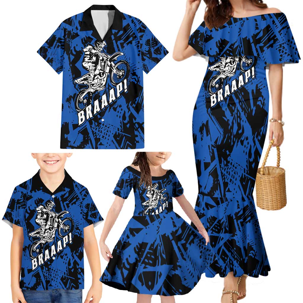 Personalized Motocross Rider Family Matching Mermaid Dress and Hawaiian Shirt with Blue Graffiti Splash Pattern - Wonder Print Shop