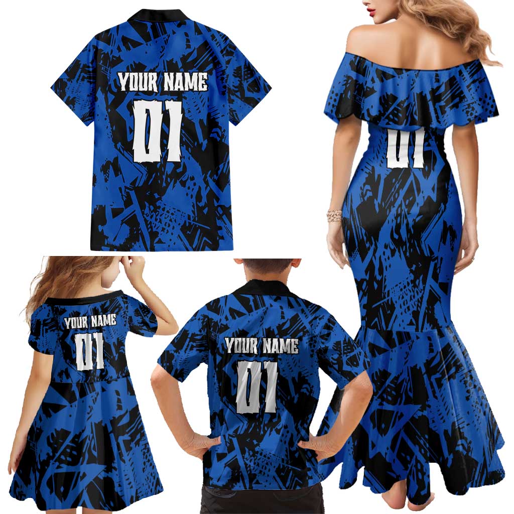 Personalized Motocross Rider Family Matching Mermaid Dress and Hawaiian Shirt with Blue Graffiti Splash Pattern - Wonder Print Shop