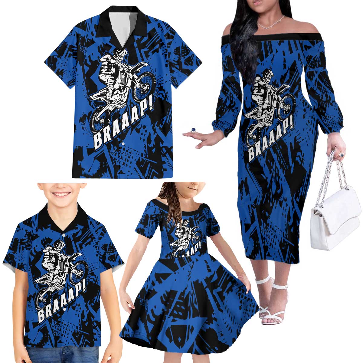 Personalized Motocross Rider Family Matching Off The Shoulder Long Sleeve Dress and Hawaiian Shirt with Blue Graffiti Splash Pattern - Wonder Print Shop