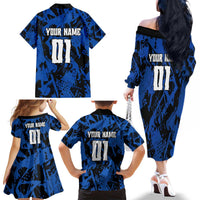Personalized Motocross Rider Family Matching Off The Shoulder Long Sleeve Dress and Hawaiian Shirt with Blue Graffiti Splash Pattern - Wonder Print Shop
