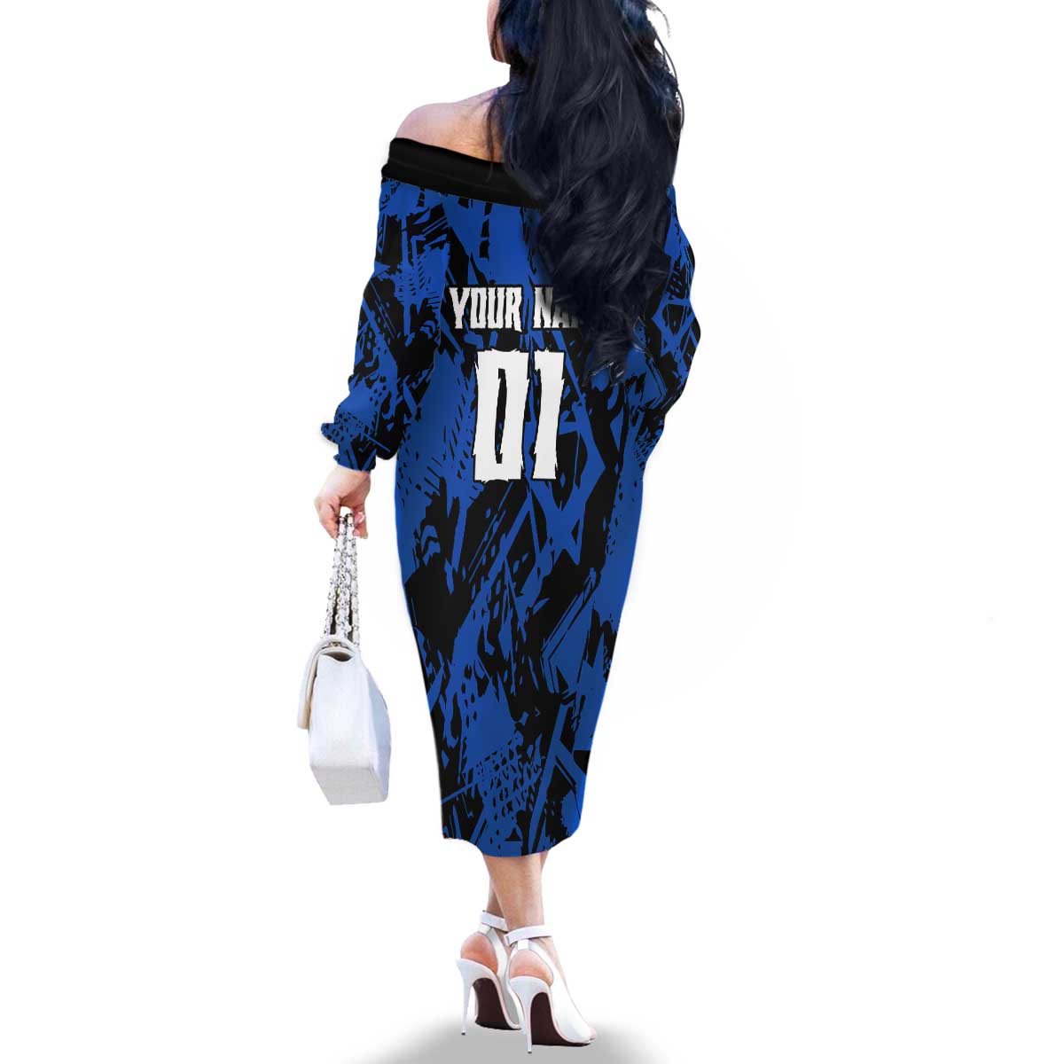 Personalized Motocross Rider Family Matching Off The Shoulder Long Sleeve Dress and Hawaiian Shirt with Blue Graffiti Splash Pattern - Wonder Print Shop