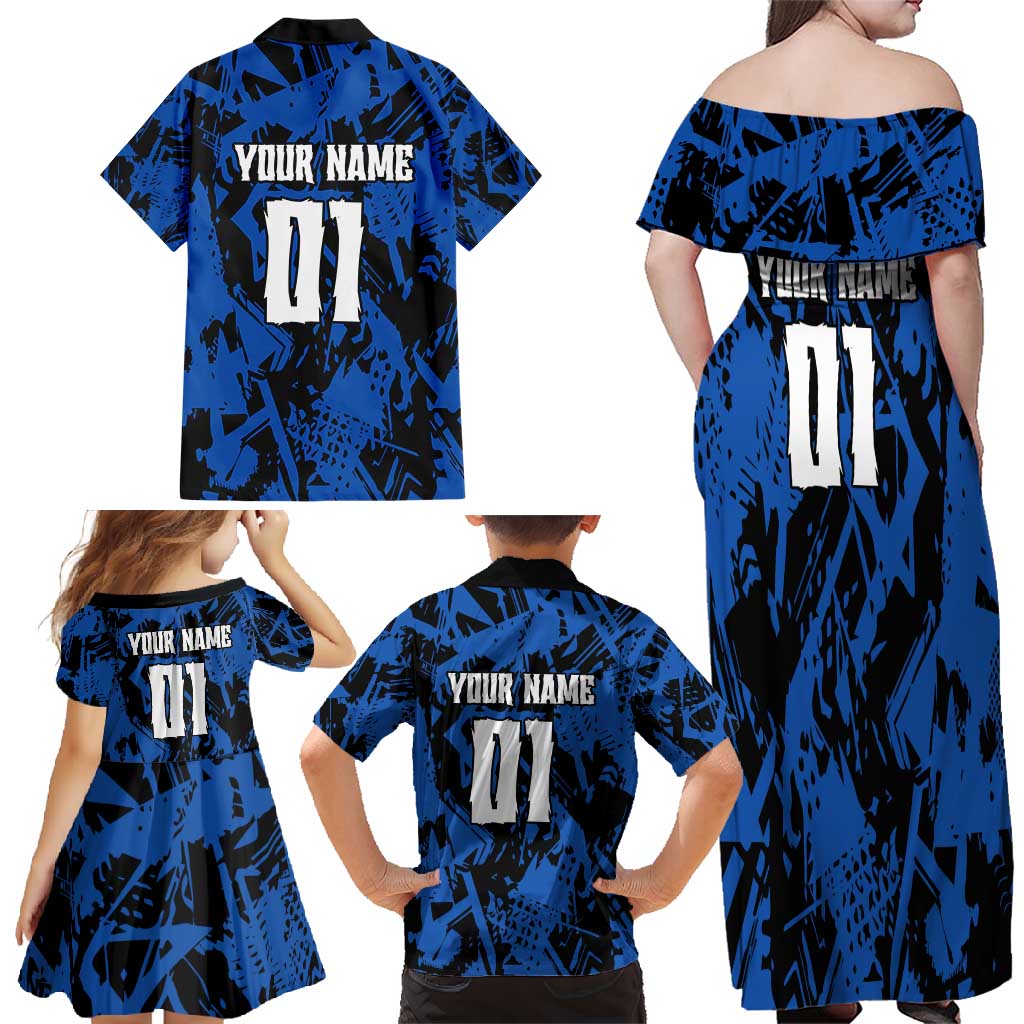Personalized Motocross Rider Family Matching Off Shoulder Maxi Dress and Hawaiian Shirt with Blue Graffiti Splash Pattern - Wonder Print Shop