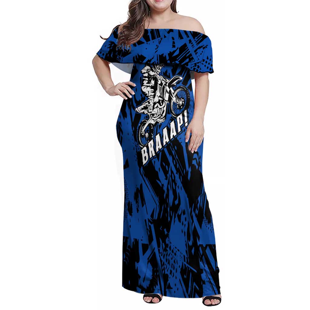 Personalized Motocross Rider Family Matching Off Shoulder Maxi Dress and Hawaiian Shirt with Blue Graffiti Splash Pattern - Wonder Print Shop