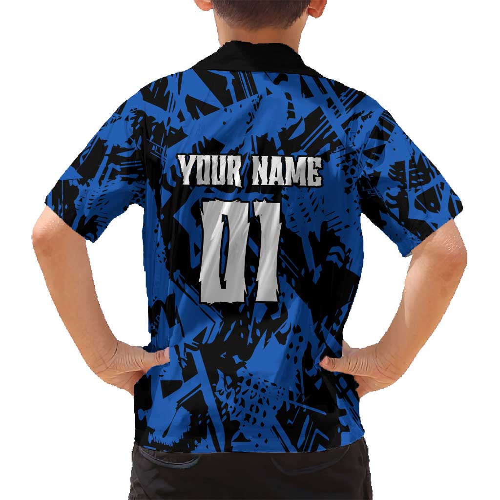 Personalized Motocross Rider Family Matching Off Shoulder Short Dress and Hawaiian Shirt with Blue Graffiti Splash Pattern - Wonder Print Shop
