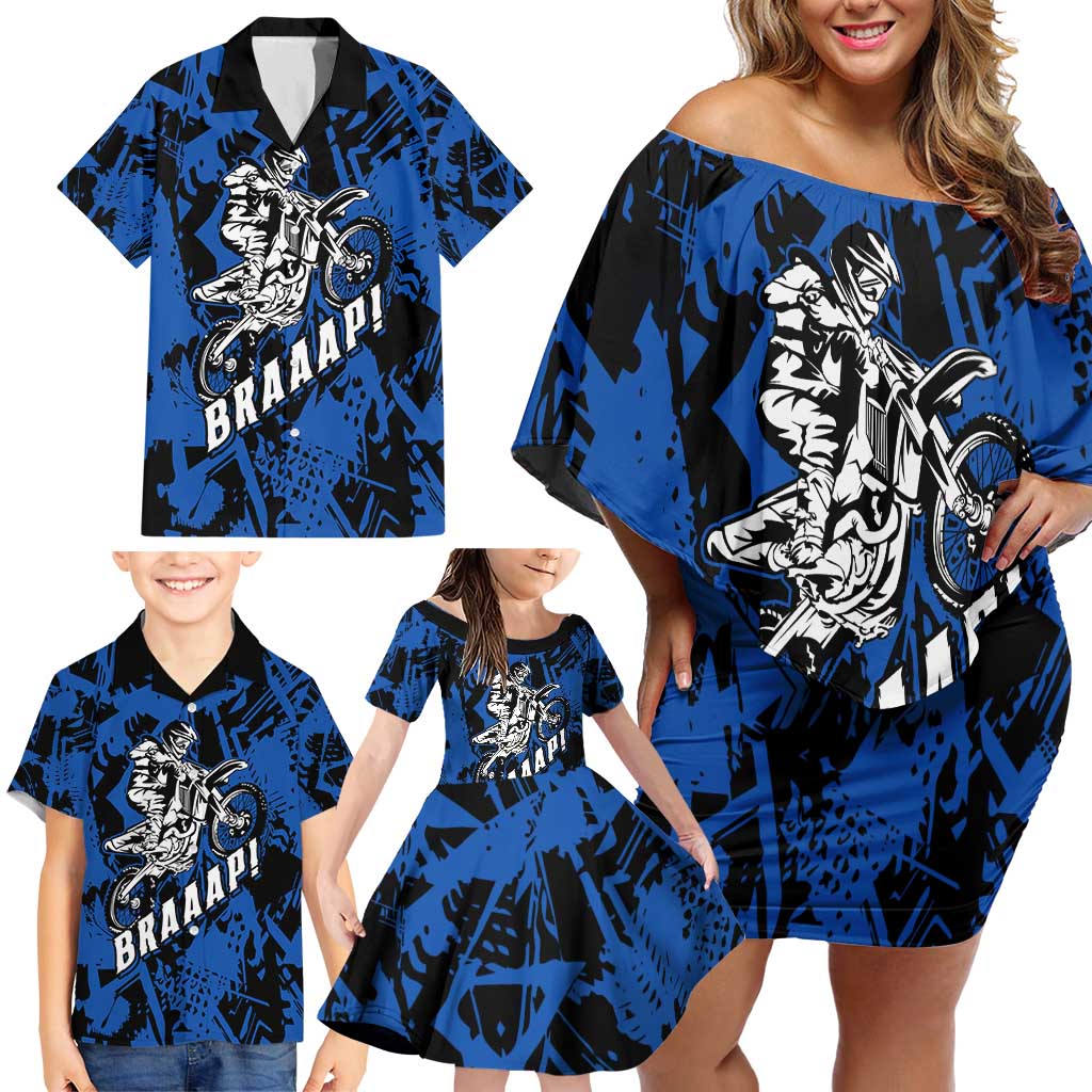Personalized Motocross Rider Family Matching Off Shoulder Short Dress and Hawaiian Shirt with Blue Graffiti Splash Pattern - Wonder Print Shop