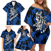 Personalized Motocross Rider Family Matching Off Shoulder Short Dress and Hawaiian Shirt with Blue Graffiti Splash Pattern - Wonder Print Shop