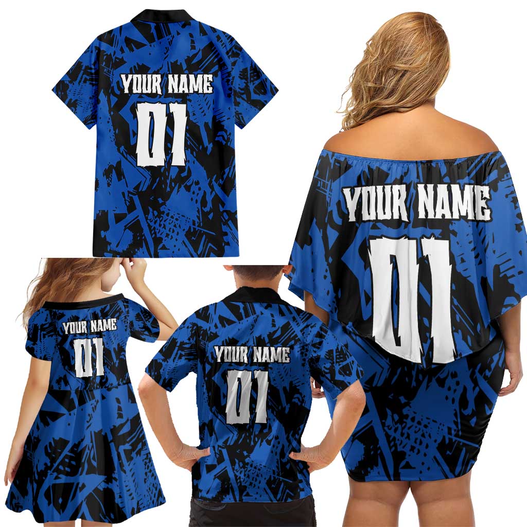 Personalized Motocross Rider Family Matching Off Shoulder Short Dress and Hawaiian Shirt with Blue Graffiti Splash Pattern - Wonder Print Shop