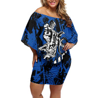 Personalized Motocross Rider Family Matching Off Shoulder Short Dress and Hawaiian Shirt with Blue Graffiti Splash Pattern - Wonder Print Shop