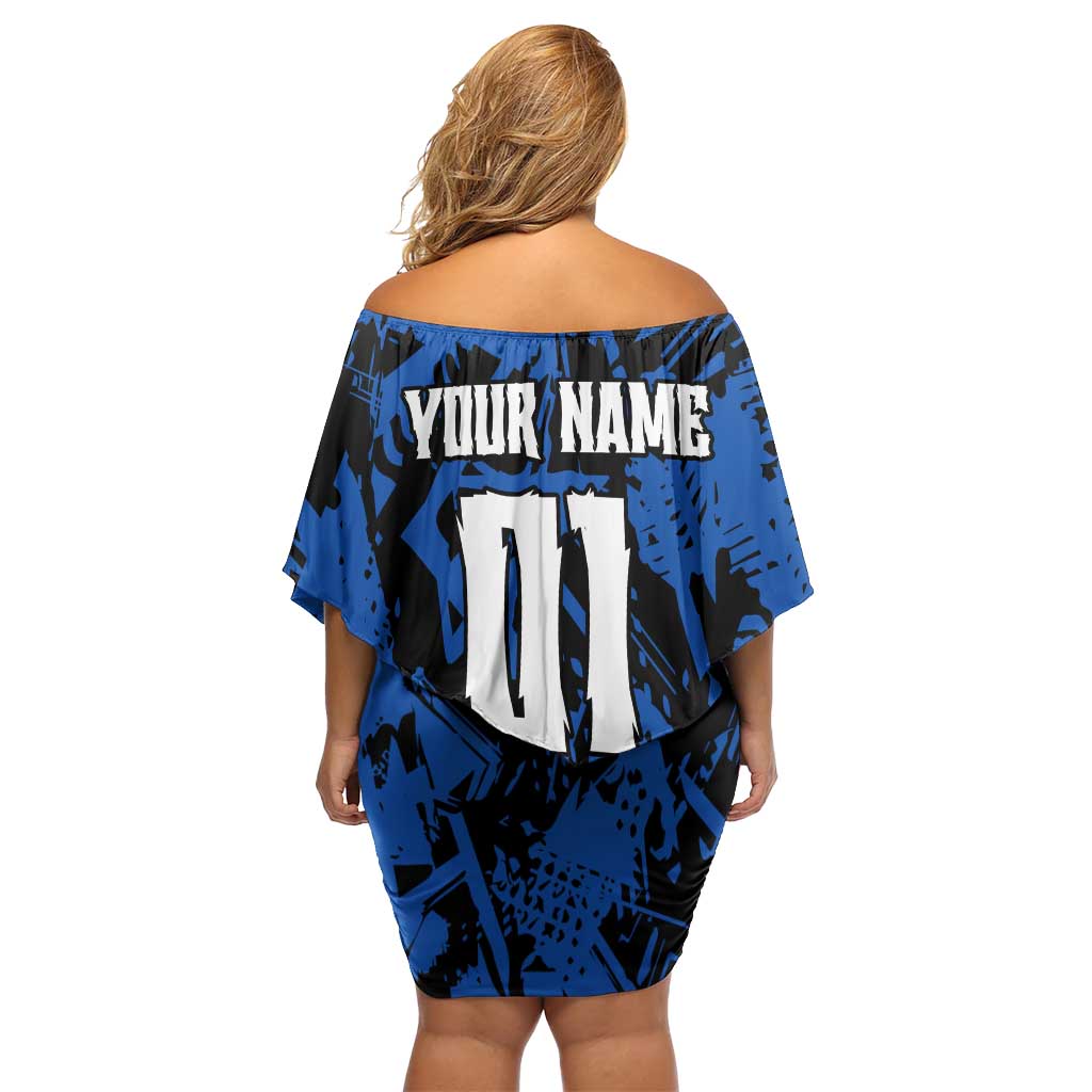 Personalized Motocross Rider Family Matching Off Shoulder Short Dress and Hawaiian Shirt with Blue Graffiti Splash Pattern - Wonder Print Shop