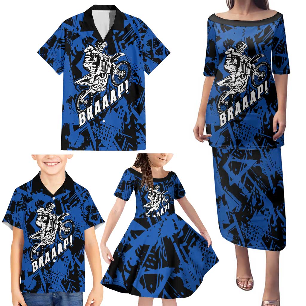 Personalized Motocross Rider Family Matching Puletasi and Hawaiian Shirt with Blue Graffiti Splash Pattern - Wonder Print Shop