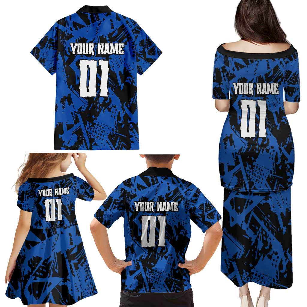 Personalized Motocross Rider Family Matching Puletasi and Hawaiian Shirt with Blue Graffiti Splash Pattern - Wonder Print Shop