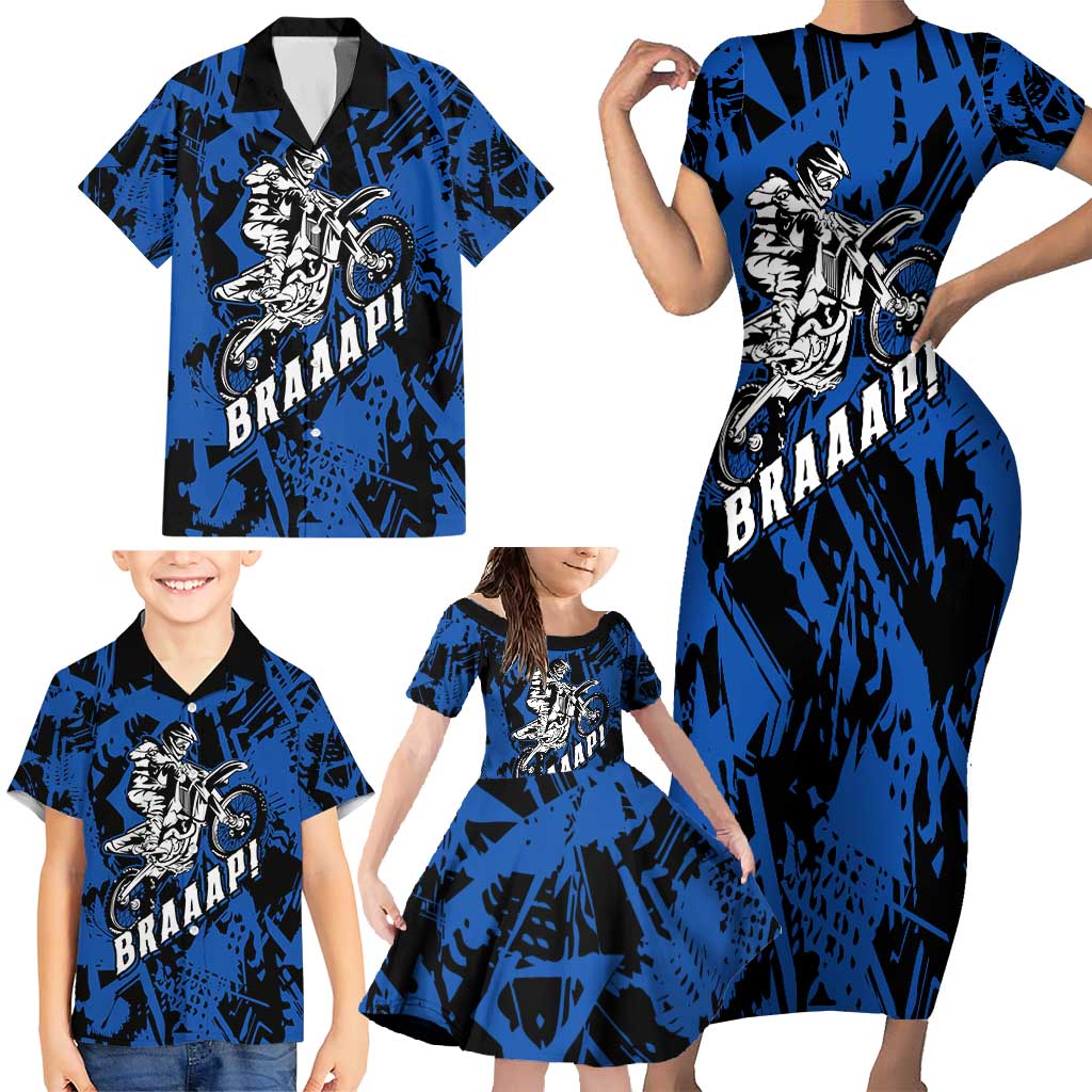 Personalized Motocross Rider Family Matching Short Sleeve Bodycon Dress and Hawaiian Shirt with Blue Graffiti Splash Pattern - Wonder Print Shop