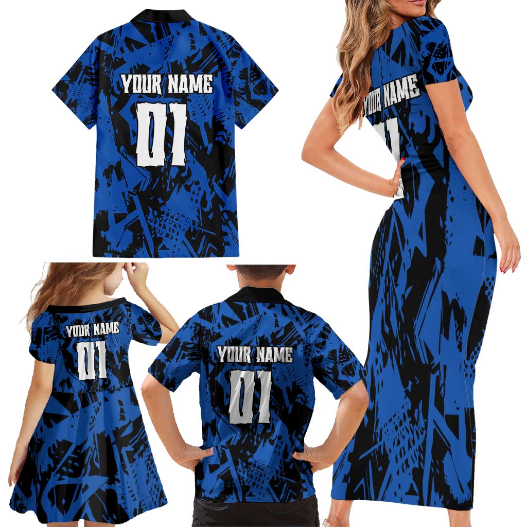 Personalized Motocross Rider Family Matching Short Sleeve Bodycon Dress and Hawaiian Shirt with Blue Graffiti Splash Pattern - Wonder Print Shop