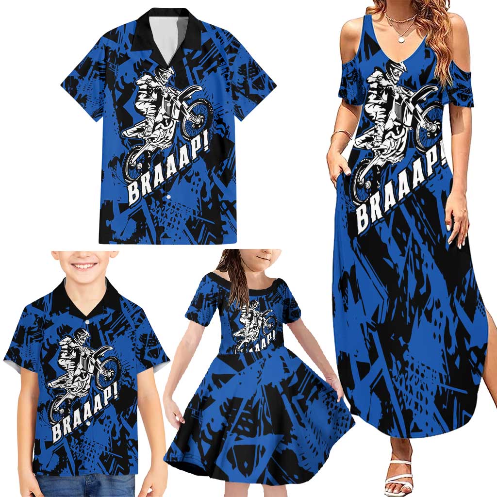 Personalized Motocross Rider Family Matching Summer Maxi Dress and Hawaiian Shirt with Blue Graffiti Splash Pattern - Wonder Print Shop