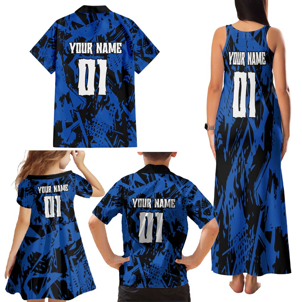Personalized Motocross Rider Family Matching Tank Maxi Dress and Hawaiian Shirt with Blue Graffiti Splash Pattern - Wonder Print Shop