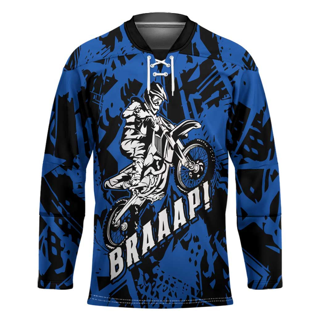 Personalized Motocross Rider Hockey Jersey with Blue Graffiti Splash Pattern - Wonder Print Shop