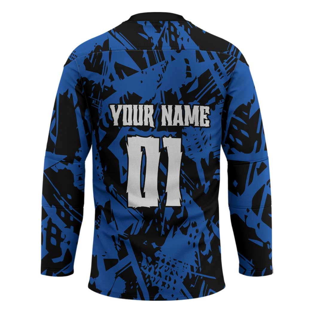 Personalized Motocross Rider Hockey Jersey with Blue Graffiti Splash Pattern - Wonder Print Shop