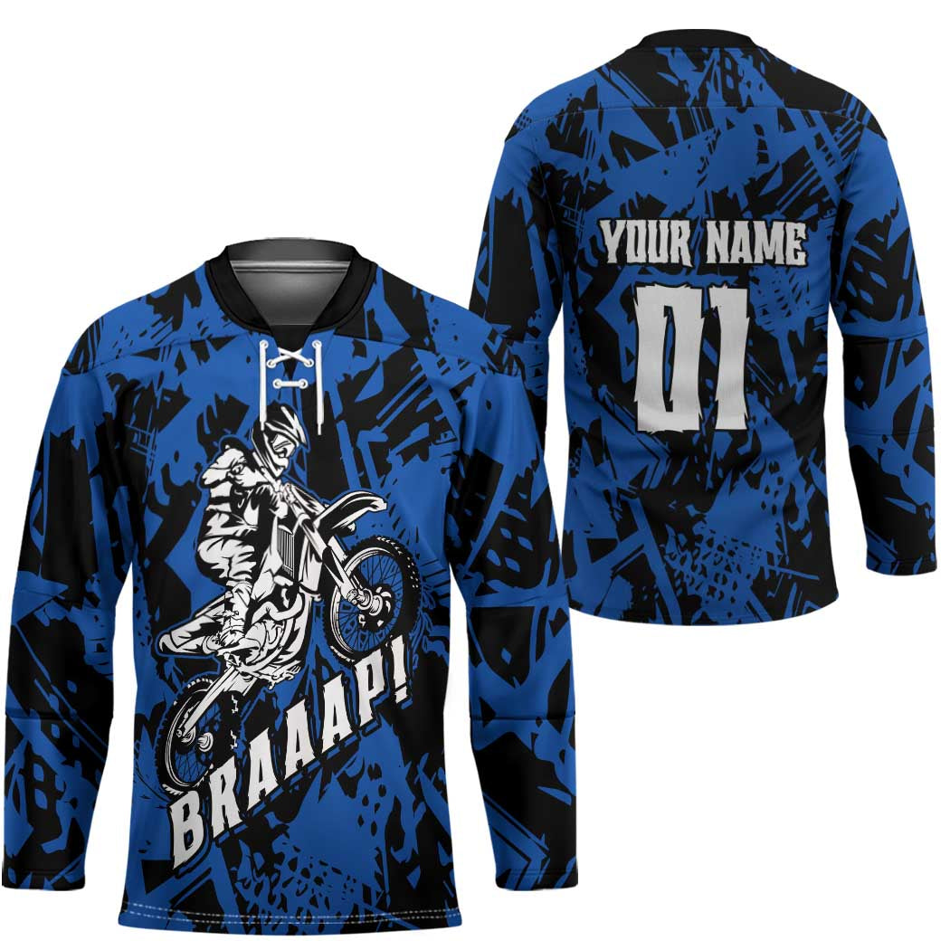 Personalized Motocross Rider Hockey Jersey with Blue Graffiti Splash Pattern - Wonder Print Shop