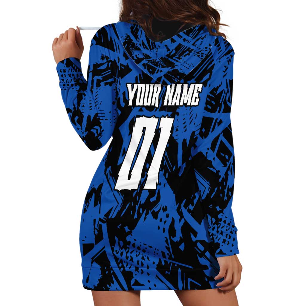 Personalized Motocross Rider Hoodie Dress with Blue Graffiti Splash Pattern - Wonder Print Shop