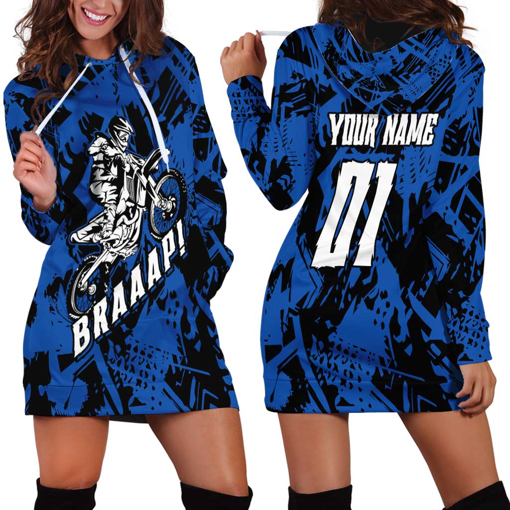 Personalized Motocross Rider Hoodie Dress with Blue Graffiti Splash Pattern - Wonder Print Shop