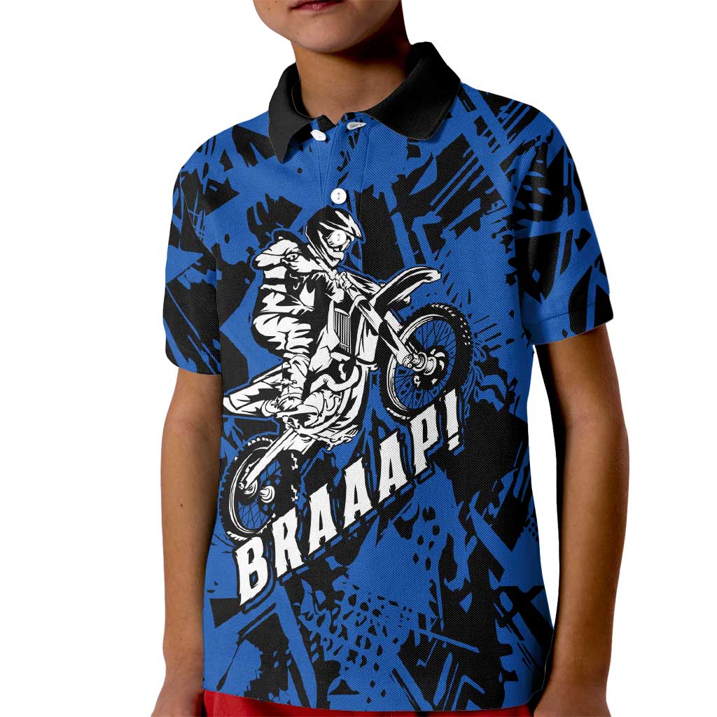 Personalized Motocross Rider Kid Polo Shirt with Blue Graffiti Splash Pattern - Wonder Print Shop