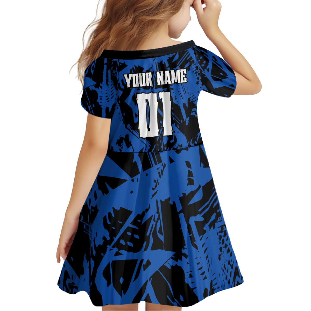 Personalized Motocross Rider Kid Short Sleeve Dress with Blue Graffiti Splash Pattern - Wonder Print Shop