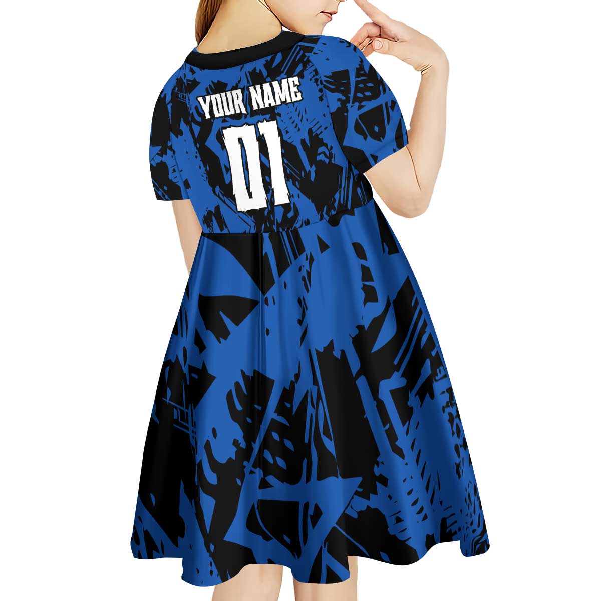 Personalized Motocross Rider Kid Short Sleeve Dress with Blue Graffiti Splash Pattern - Wonder Print Shop