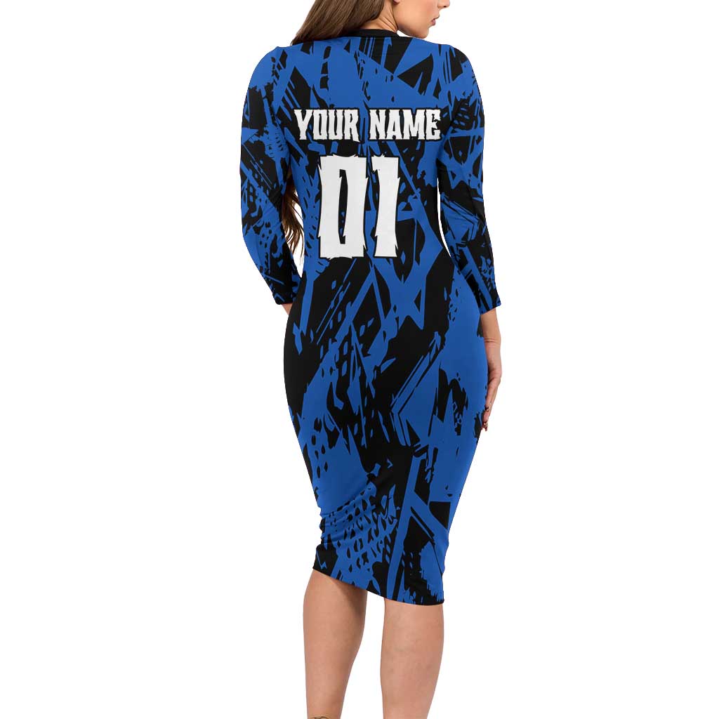 Personalized Motocross Rider Long Sleeve Bodycon Dress with Blue Graffiti Splash Pattern - Wonder Print Shop