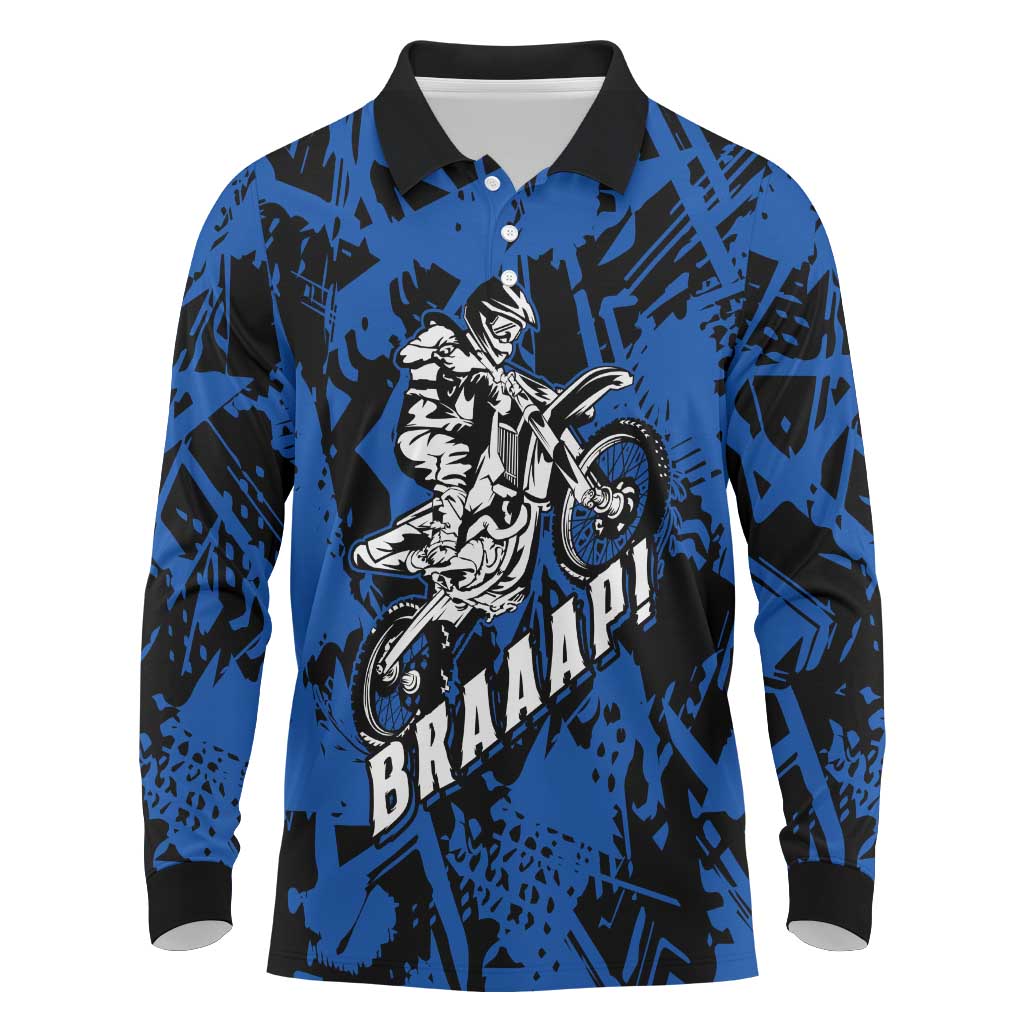 Personalized Motocross Rider Long Sleeve Polo Shirt with Blue Graffiti Splash Pattern - Wonder Print Shop