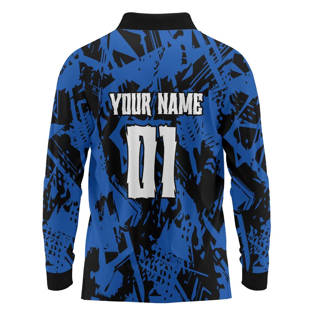 Personalized Motocross Rider Long Sleeve Polo Shirt with Blue Graffiti Splash Pattern - Wonder Print Shop