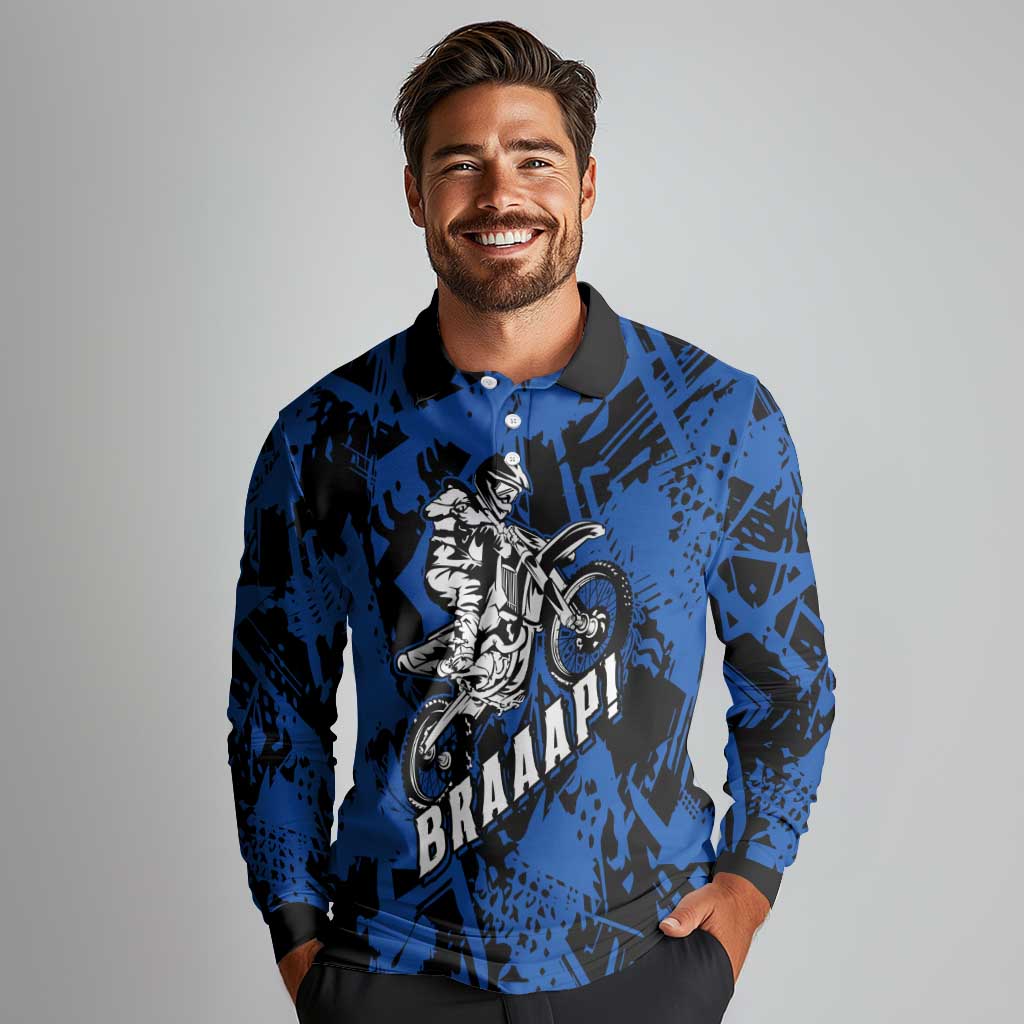 Personalized Motocross Rider Long Sleeve Polo Shirt with Blue Graffiti Splash Pattern - Wonder Print Shop