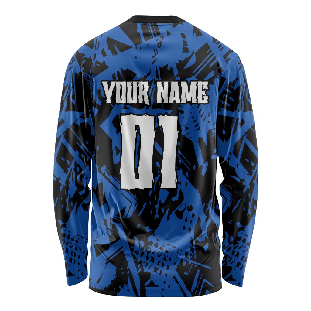 Personalized Motocross Rider Long Sleeve Shirt with Blue Graffiti Splash Pattern - Wonder Print Shop