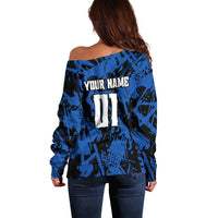 Personalized Motocross Rider Off Shoulder Sweater with Blue Graffiti Splash Pattern - Wonder Print Shop