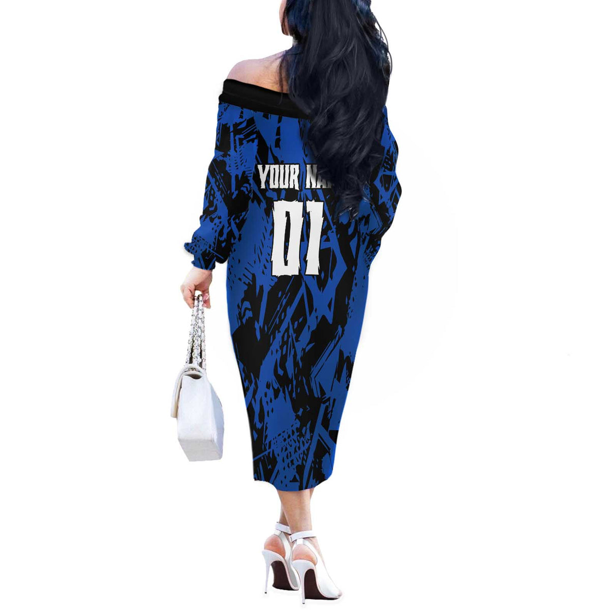 Personalized Motocross Rider Off The Shoulder Long Sleeve Dress with Blue Graffiti Splash Pattern - Wonder Print Shop