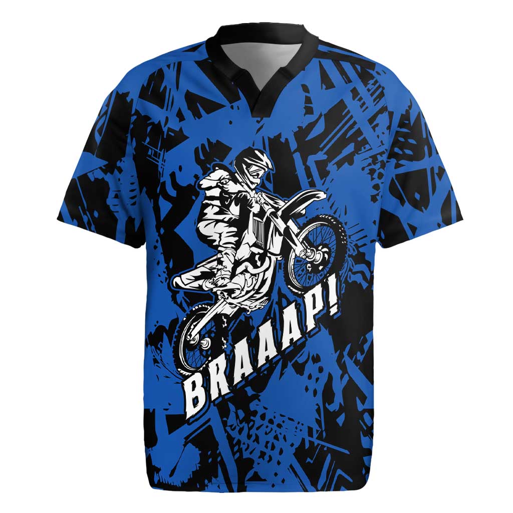 Personalized Motocross Rider Rugby Jersey with Blue Graffiti Splash Pattern - Wonder Print Shop